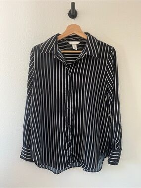 Dark Navy Button-Up Blouse with White Pinstripes